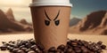 a cup of coffee with an angry face drawn on it is sitting on top of a pile of coffee beans Royalty Free Stock Photo