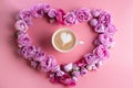 Cup of coffee around may roses against pink background. romantic and beauty concept Royalty Free Stock Photo