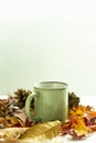 Cup of coffee with autumn decoration from dry colored leaves Royalty Free Stock Photo