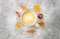 Cup of coffee, autumn leaves, acorns and chestnut Royalty Free Stock Photo