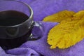 a cup of coffee and autumn leaves on a blanket Royalty Free Stock Photo