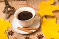 Cup of coffee and autumn leaves Royalty Free Stock Photo