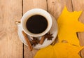 Cup of coffee and autumn leaves Royalty Free Stock Photo
