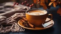 A Cup of Coffee A Autumn Leaves Cozy Pastel Colors Background Selective Focus