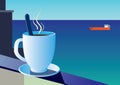 Cup of coffee on the background of the sea and sailboat