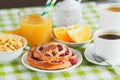 Cup of coffee, baking, muesli and orange juice Royalty Free Stock Photo