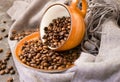 Cup, coffee bean, cloth background cafe   concept  comfort  autumn cold Royalty Free Stock Photo