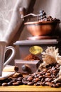 Cup of coffee, beans and coffee grinder close up Royalty Free Stock Photo