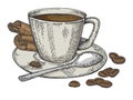Cup of coffee and beans color sketch engraving