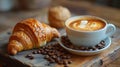 a cup of coffee with coffee beans and croissant, in the style of photo-realistic hyperbole. Generative AI