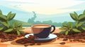 a cup of coffee and beans on the ground Royalty Free Stock Photo