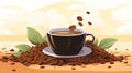 a cup of coffee with beans and leaves on the ground Royalty Free Stock Photo