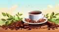 a cup of coffee with beans and nuts on the ground Royalty Free Stock Photo