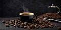 Cup of coffee and beans over black slate stone background Royalty Free Stock Photo