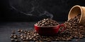 Cup of coffee and beans over black slate stone background Royalty Free Stock Photo