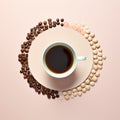 Cup of coffee with coffee beans on pastel background. 3d rendering Royalty Free Stock Photo