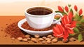 a cup of coffee with coffee beans and red flowers on the table Royalty Free Stock Photo