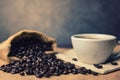 Cup of coffee with coffee beans in a sack Royalty Free Stock Photo