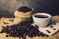 Cup of coffee and coffee beans in a sack Royalty Free Stock Photo