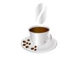 A cup of coffee and coffee beans on a saucer.