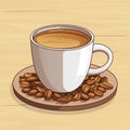 a cup of coffee with beans on a saucer on a wooden table Royalty Free Stock Photo