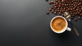 A cup of coffee with beans and a spoon on a dark surface top view Royalty Free Stock Photo