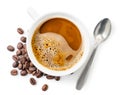 Cup with coffee, coffee beans and spoon on white background, isolated. Top view Royalty Free Stock Photo