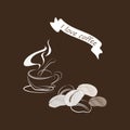 On a dark background a cup of coffee, coffee beans, steam over a cup Royalty Free Stock Photo
