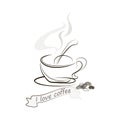 On a light On a light background a cup of coffee, coffee beans, steam over a cup cup Royalty Free Stock Photo