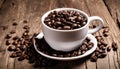 A cup of coffee with beans on a wooden table Royalty Free Stock Photo