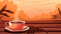 a cup of coffee and beans on a wooden table with a sunset background Royalty Free Stock Photo