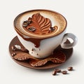 Cup of coffee with a beautiful coffee art with chocolate leaf