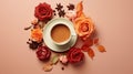 Cup of coffee with beautiful flowers and spices on color background, top view Generative AI