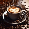 A cup of coffee on a bed of roasted coffee beans on a foamed surface in the shape of a heart. Royalty Free Stock Photo