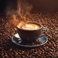 A cup of coffee on a bed of roasted coffee beans . Royalty Free Stock Photo