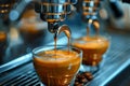 A cup of coffee is being poured from a coffee machine into a barware glass