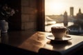 Cup of coffee with Big Ben London view on background with sunset, selective focus.