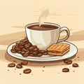 a cup of coffee and a biscuit on a plate vector illustration
