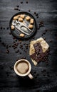 Cup of coffee with bitter chocolate and dark brown sugar. Royalty Free Stock Photo