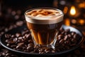 a cup of coffee on a black plate with coffee beans Royalty Free Stock Photo