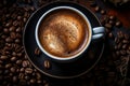 a cup of coffee on a black plate with coffee beans Royalty Free Stock Photo