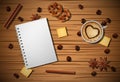 Cup of coffee, blank paper, cinnamon, and biscuit on wooden table