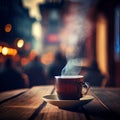 Cup of coffee in blured bokeh morning cafe espresso hot dark on wooden background Royalty Free Stock Photo