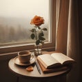 A cup of coffee, a book, and a beige rose on the side of the window, raindrops and ambient nature, generative ai