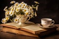 Cup of coffee, book and chamomile flowers on wooden table, beautiful composition with chamomile flowers in Cup, old book, AI Royalty Free Stock Photo