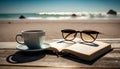 Cup of coffee, book and eyeglasses on the beach