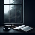 Cup of coffee and book in front of a window with raindrops, ambient rainy day nature view,  generative ai Royalty Free Stock Photo