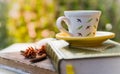 Cup of coffee on book grunge wooden plate, green leaf backgroun