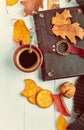 Cup coffee with book in leather binding Royalty Free Stock Photo