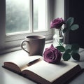 A cup of coffee, a book, and lilac roses in front of a window, ambient rainy day morning view, generative ai Royalty Free Stock Photo